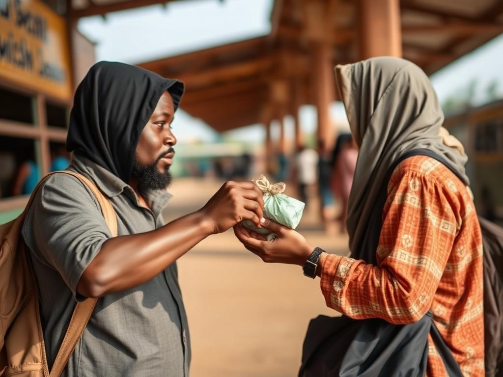 Traveller handing a parcel to another traveller